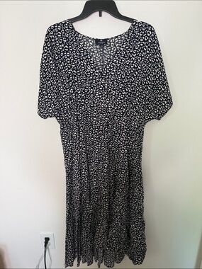 Sperry Babydoll Hi-Low Dress Navy Black White Leopard Print Size L NWOT